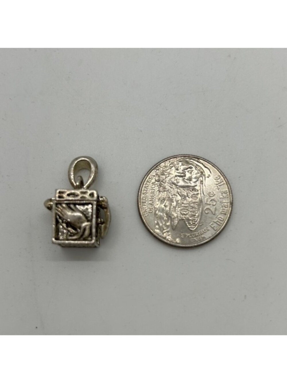 Prayer Box Pendant Praying Hands Silver Tone Hinged Secret Charm Vintage